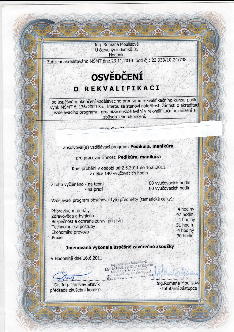 certifikat- osvedceni rekvalifikace pedikura